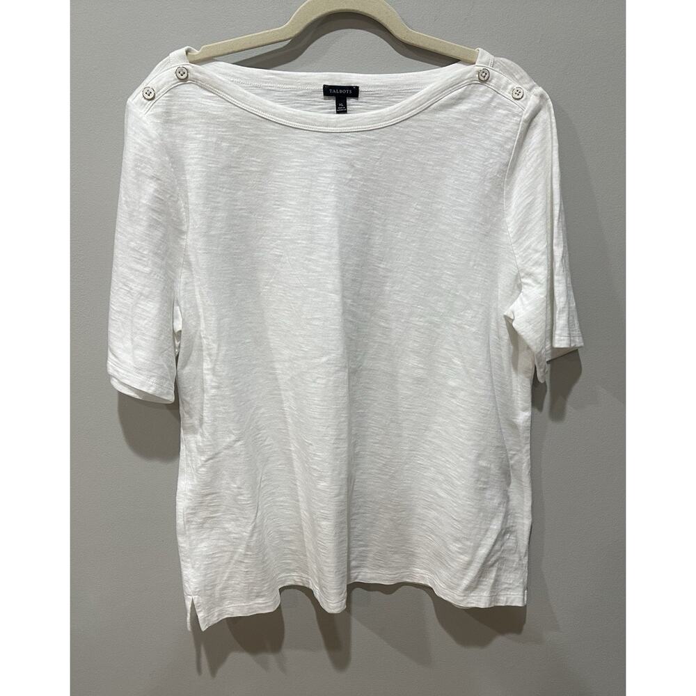 TALBOTS White Button Detail Crew Neck Tee TOP Blouse X-Large NWT